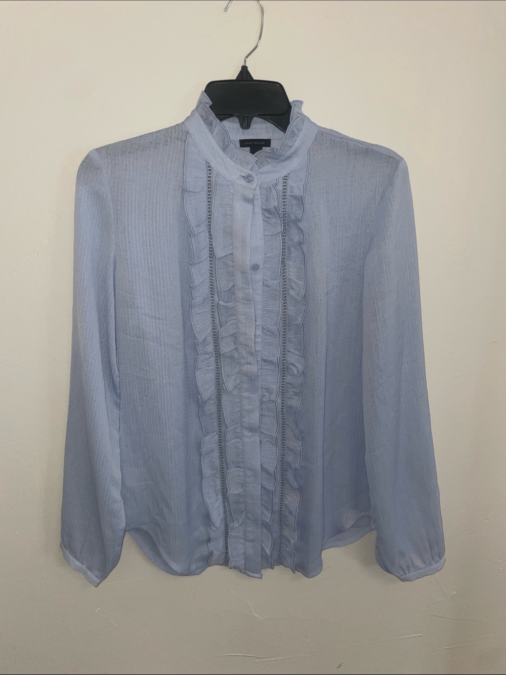 Ann Taylor Pale Blue Ruffle-Front Button Blouse